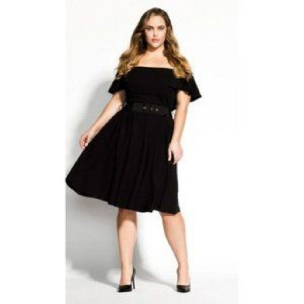 City Chic Little Flirt Black Off Shoulder Swing Dress Plus Size 22 NWT